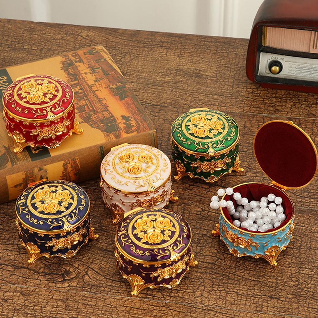 Retro Metal Enamel Jewelry Holder Elegant Desktop Decorative Box With Spacious Interior For Gemstones Storage