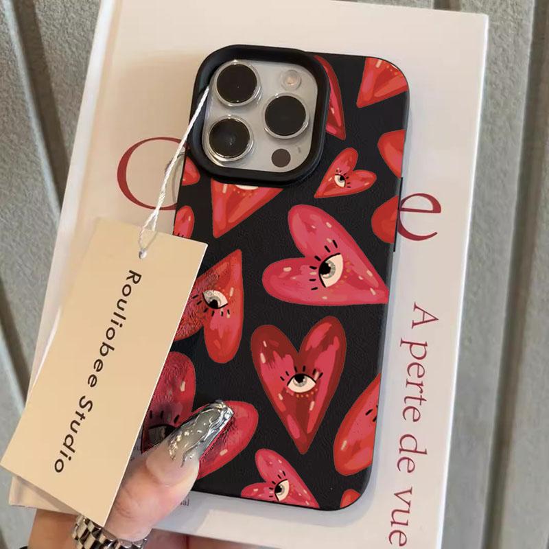 Vintage Red Eyes Heart Lichee Pattern Phone Case for iPhone 11 12 13 14 15 16 17 Pro Max X XS XR 16E Plus 17Air Shockproof Cover
