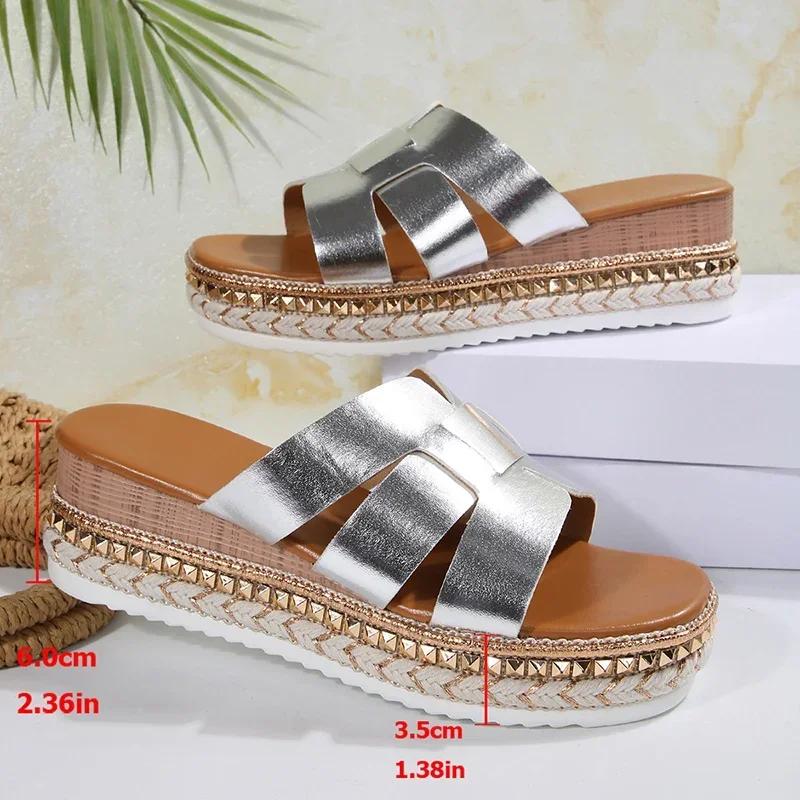 Fashion Fashion Slippers Vintage Buckle Square Toe Slippers Women Shoes Platform Sandals Lady Summer Wear-Resistant Wedge Slides Female