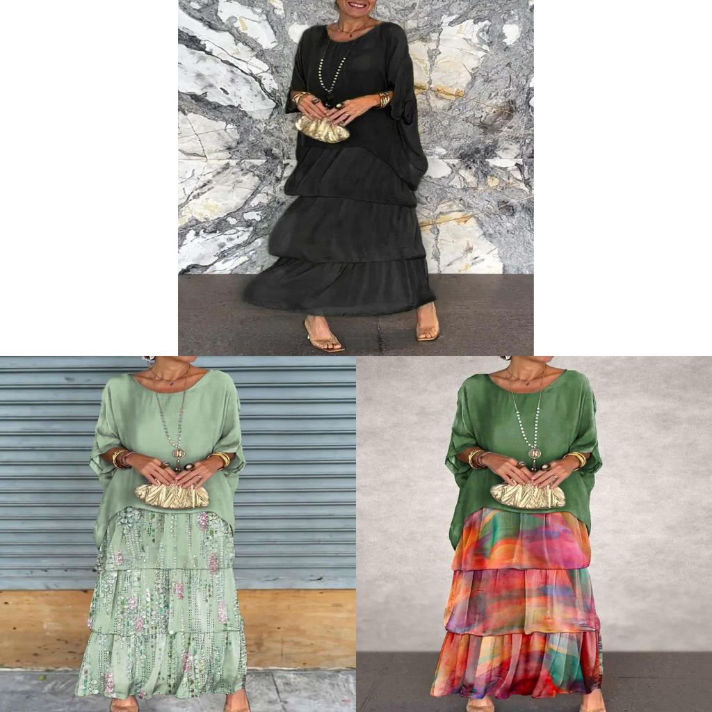 Polyester Chiffon Batwing Sleeve Long Dress With Ruffle And Loose Waist For Spring Fashion