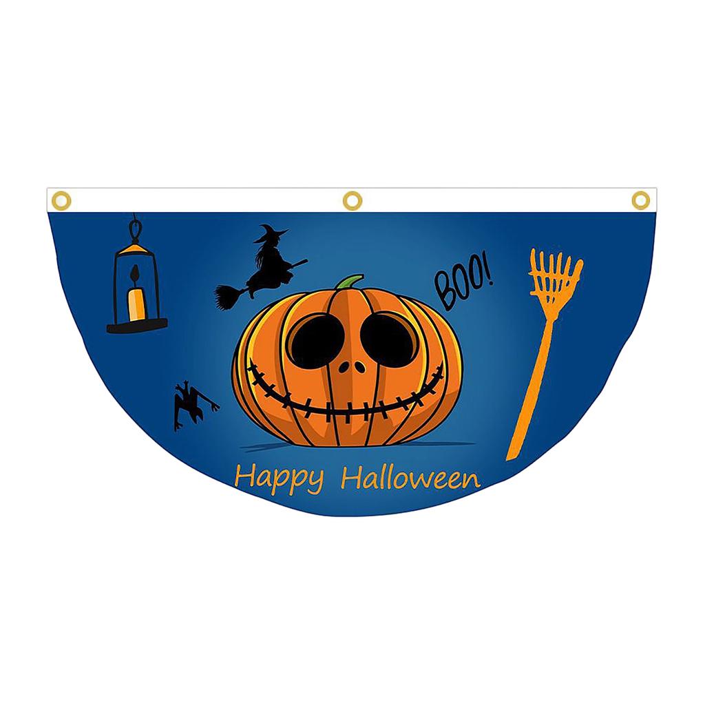 Halloween Theme Fan Banner 45x90cm Polyester Fabric Semi Circular Flag with Printed Ghost Pumpkin Bat Elements for Indoor Outdoor Decoration
