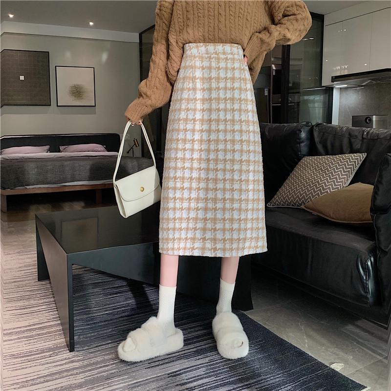 Plus Size Women's Korean Style Plaid Woolen High Waist Mid-Length Winter Skirt