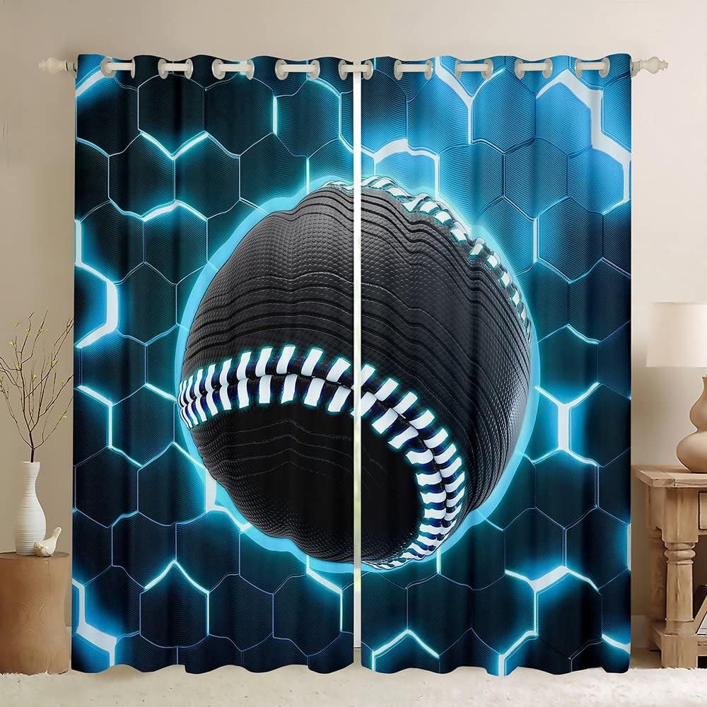Honeycomb Hexagonal Fluorescent Print Curtains Football Baseball Basketball Curtains for Sports Boys Bedroom Blinds Window 2PCS