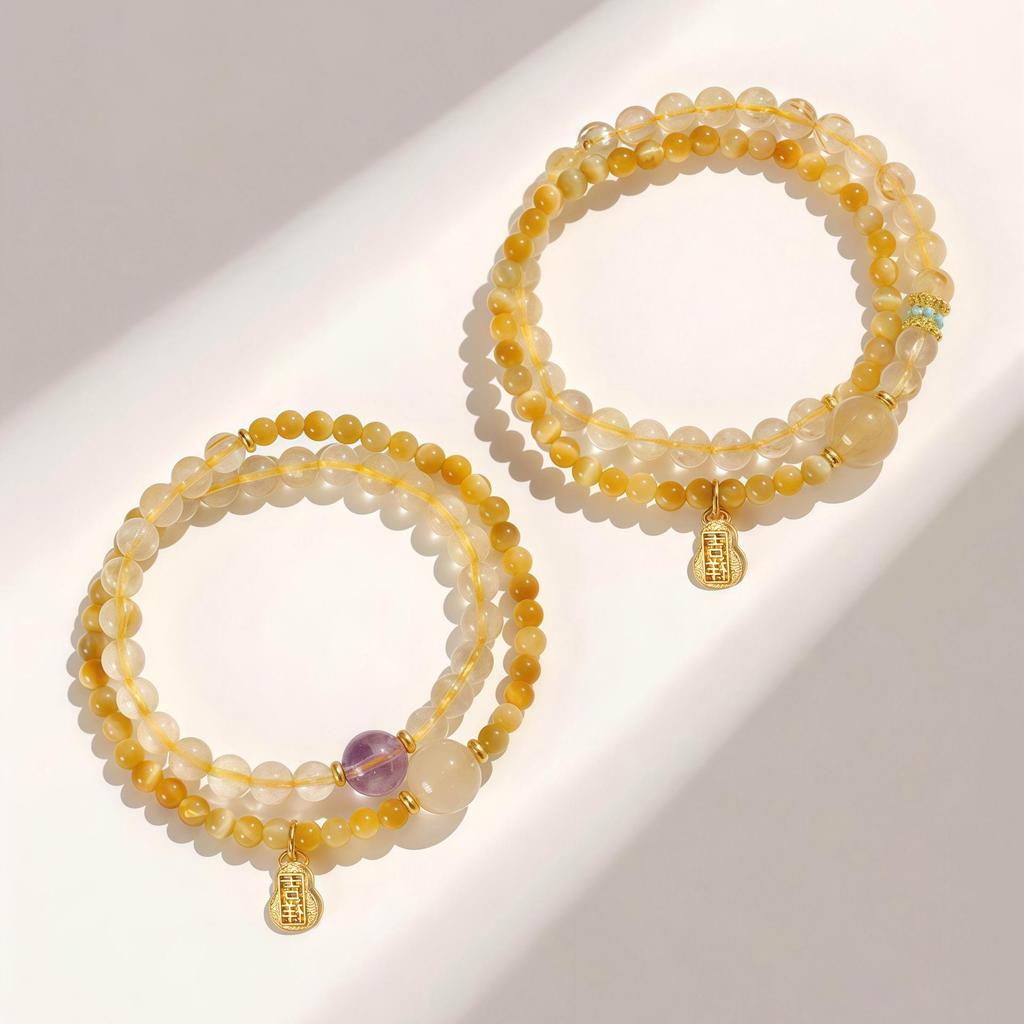 Gelber Rutilquarz & Amethyst Reichtum Anziehungs Armband - Goldenes Tigerauge, Glücksverstärkender Kristall Schmuck für Frauen