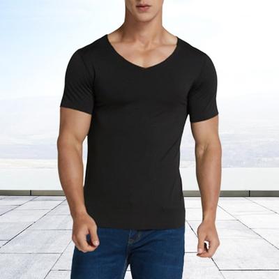 חולצת טריקו קיץ לגברים צבע אחיד חלק קרח משי צוואר V שרוולים קצרים סוודר רך לנשימה ספורט עסקים מזדמנים גברים משרד העליון