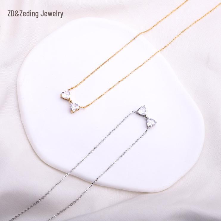 Cross-border European-American Simple Luxury Zircon Bow Pendant Necklace
