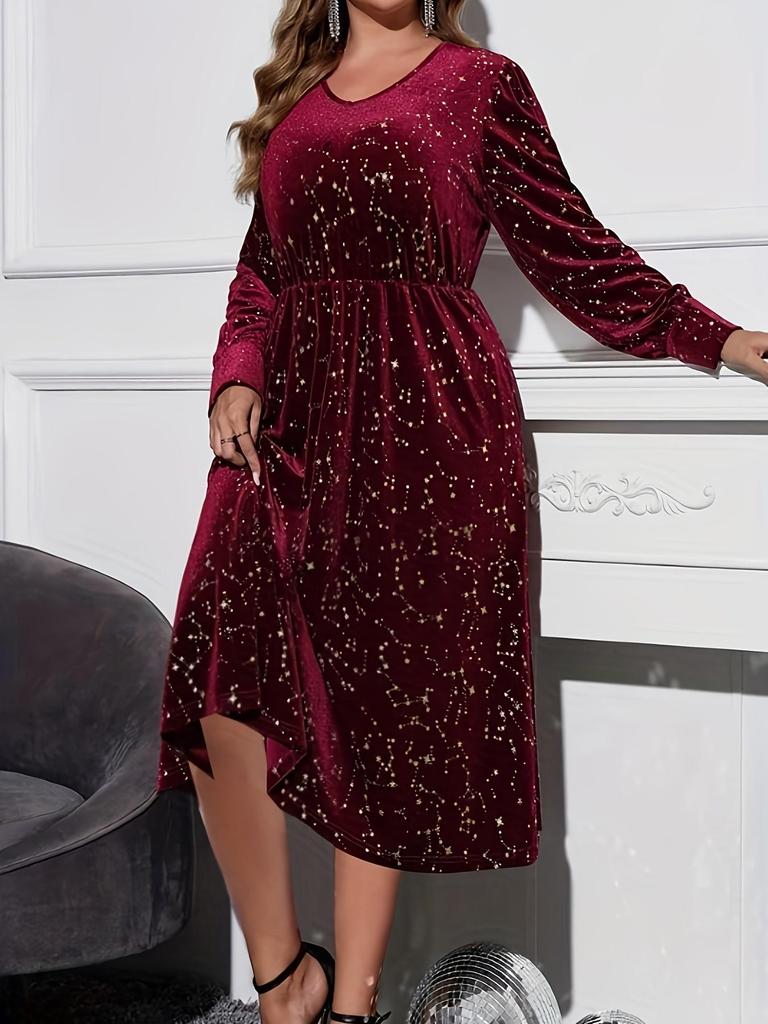 Starry Sky Sequin Round Neck Long Sleeve Elegant Waist-Slimming Dress