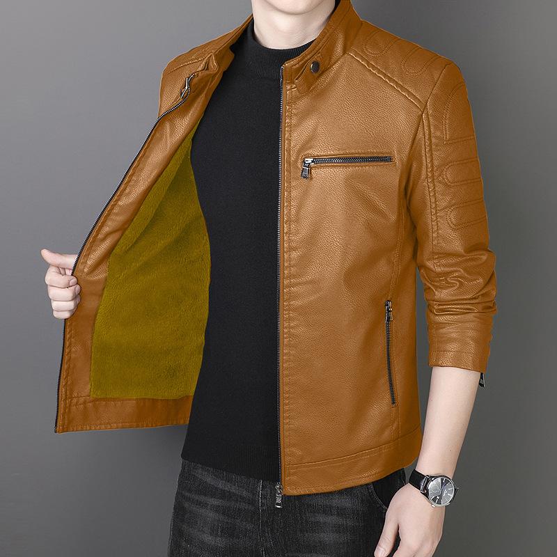 PU Leather Men's Slim Jacket Autumn and Winter Velvet Jacket Men's Casual Stand-up Collar Leather Jacket