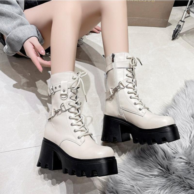 Fashion Large Size 35-42 Women's New Soft Bottom Motorcycle Boots Women Platform Knight Short Boots Lace-up Fad Ankle Boots Botas Mujer