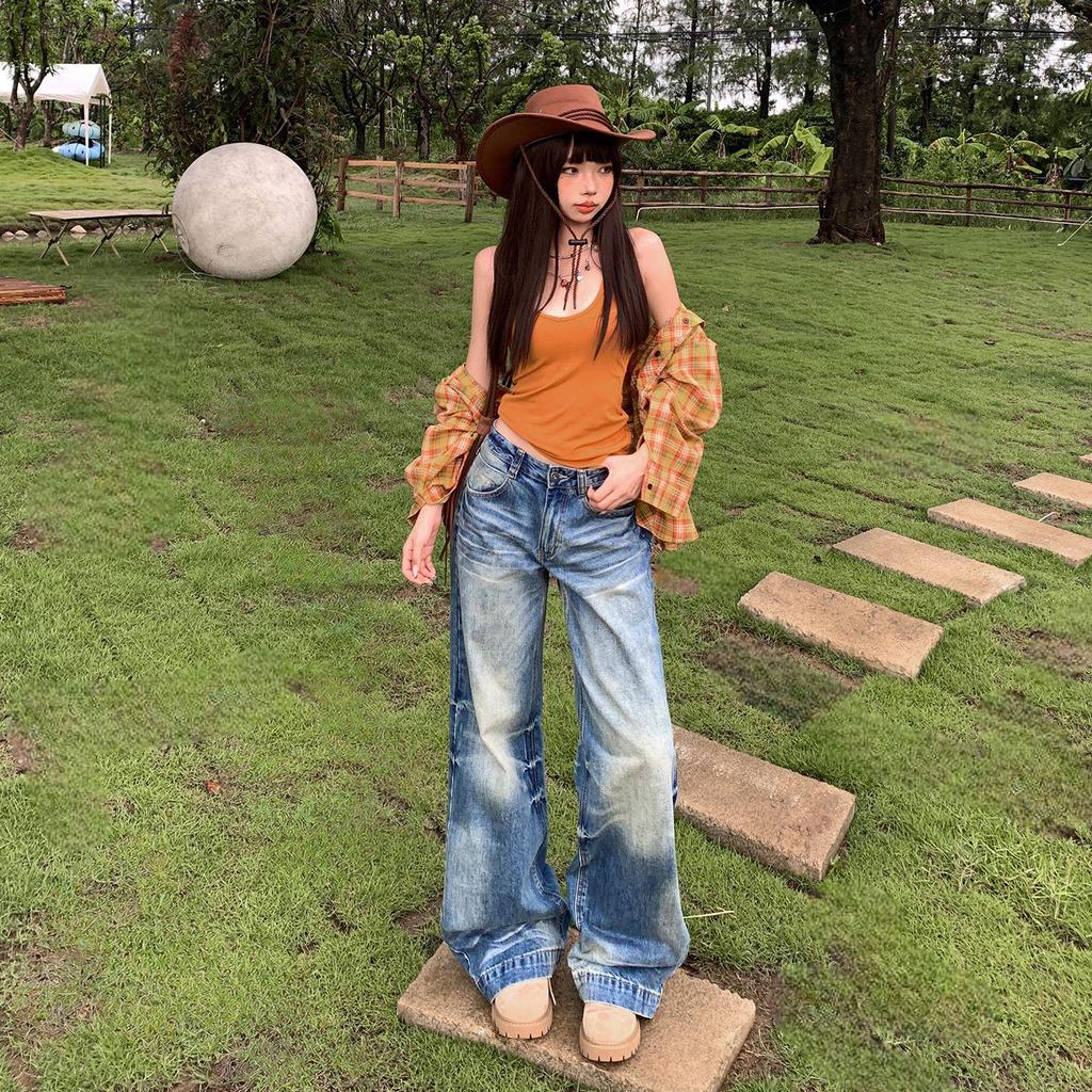 Women's Distressed Gradient Loose Wide-Leg Floor-Length Jeans 2025 Trend