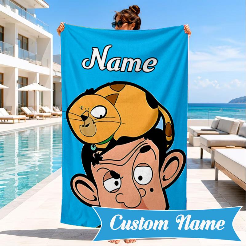 Custom Name Bean's Head Adventure Beach Towel Microfiber Beach Towel, Lightweight and Quick-Dry, for Summer Travel, Swimming Pool Gift