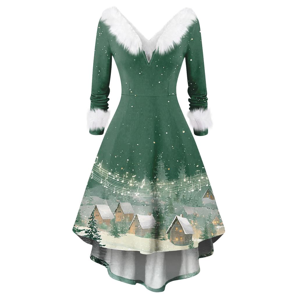 Damen Modisches Lässiges Figurbetontes Weihnachtsdruck Party Langarmkleid