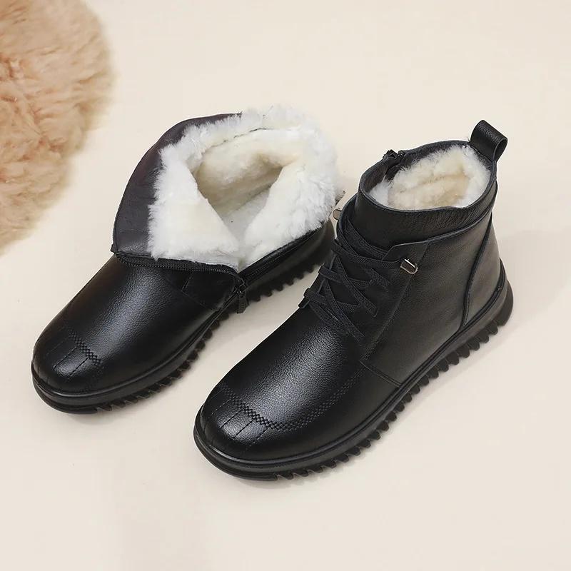 Thickened Cow Leather Mom Cotton Shoes Soft Bottom Anti-Slip Middle-Aged And Elderly Mom Boots Factory Direct Wholesale