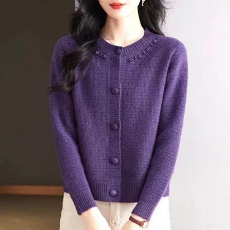 Women S Loose Long Sleeve Round Neck Solid Color Knit Cardigan For Spring Autumn