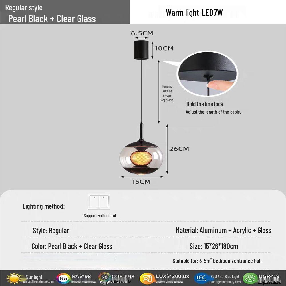 Italian Minimalist Luxury Bedside Pendant Light with Dimmable Glass and Hand-Sweep Lift Function for Bedroom or Bar Counter.