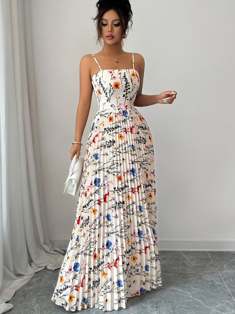 Ladies' Summer Floral Print Thin Shoulder Strap Pleated Large Swing Dress Elegant Vacation Suspender Dress