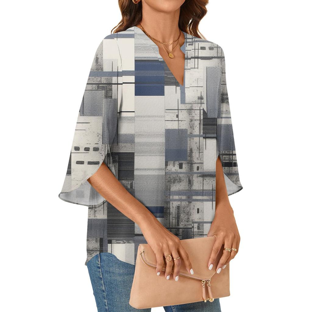 Womens Tops 3/4 Tiered Bell Sleeve V Neck Geometry Printed  Blouses Work Tunic Shirts