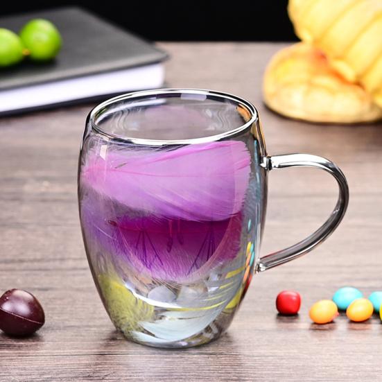 Double Wall Glass Coffee Mug with Handle High Borosilicate Heat Resistant Cup Colorful Petal Design Hot