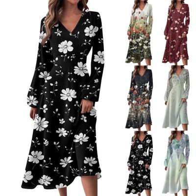 Women's  Casual Fashion V-Neck Long Sleeve Floral Print Long Dress