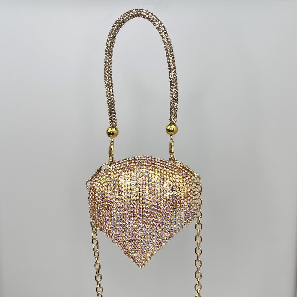 Metal Mini Shell Bag With Glitter Fringe And Magnet Closure For Daily Fashion