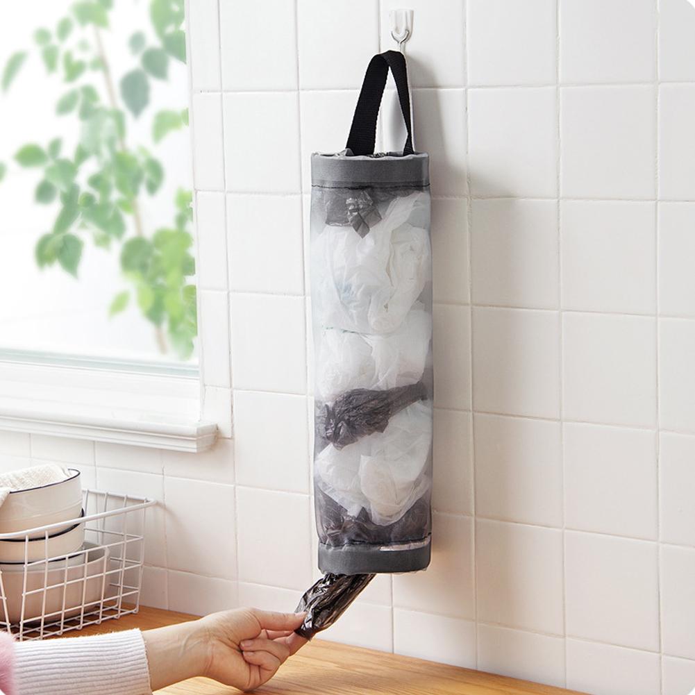 Kitchen Storage Hanging Kitchen Garbage Bag Storage Bag Convenient Extraction Storage Bag Plastic Bag Shopping Bag Mesh Bag gray