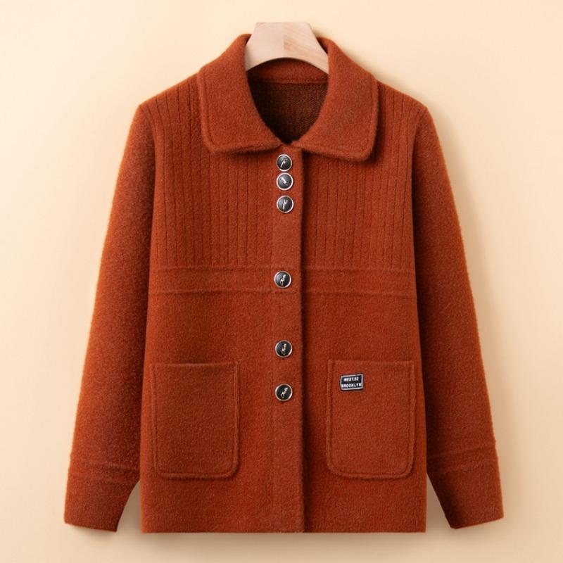 Elderly Knitted Cardigan Spring and Autumn Mother's Lapel Loose Top Middle-aged and Elderly Sweater Jacket New Cardigan