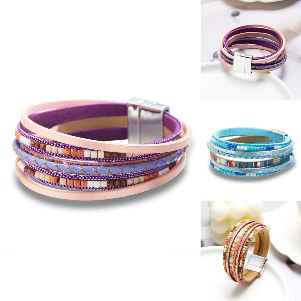 Bohemian Woven Leather Wristband With Alloy Accents For Casual Accessory