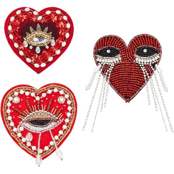 INFUNLY 3pcs Evil Eyes Beaded Patches Rhinestone Applique Patches Sequin Applique Sew on Crystal Heart Patch Red Heart Embroidery Patch for Clothing