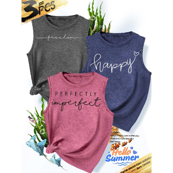 2026New Women's vest3Pieces Happy Freedom Perfectly Imperfect Text-printed Simple, Stylish, Casual, Versatile, Comfortable, Soft, Skin-friendly