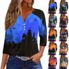 Women's Casual V Neck Button Pullover T Shirt with Halloween Print and Three Quarter Sleeves