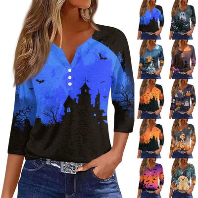 Women's Casual V-Neck Button Pullover T-Shirt with Halloween Print and Three-Quarter Sleeves