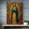 Serene Our Lady of Guadalupe Canvas Painting with Radiant Halo Prints Green Mantle and Pink Roses Canvas Painting Religious Gift