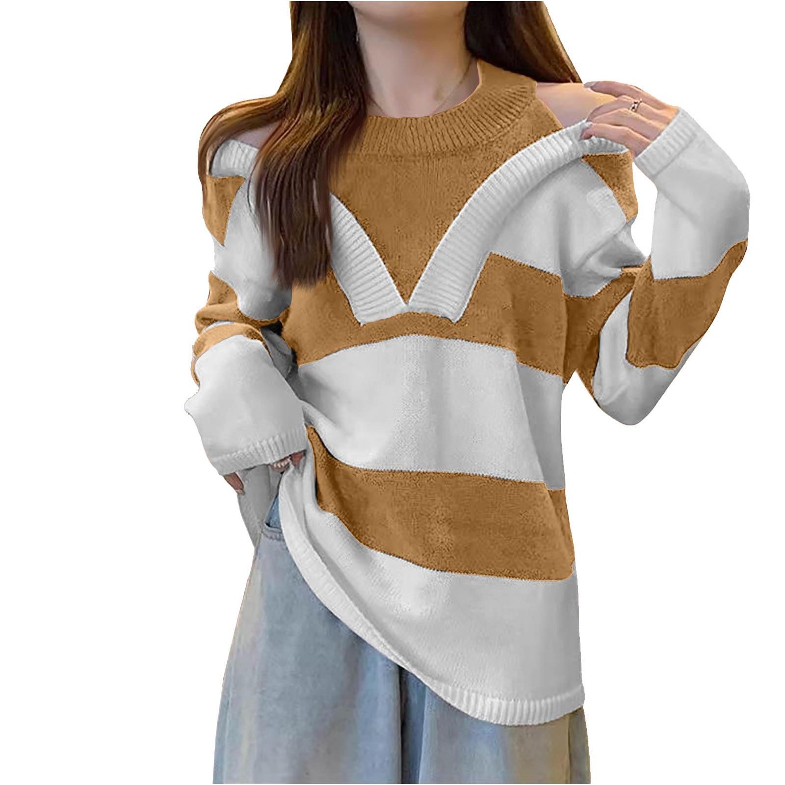 

Женский свитер из двух частей с имитацией шеи и открытыми плечами в полоску с V-образным вырезом One Size хаки