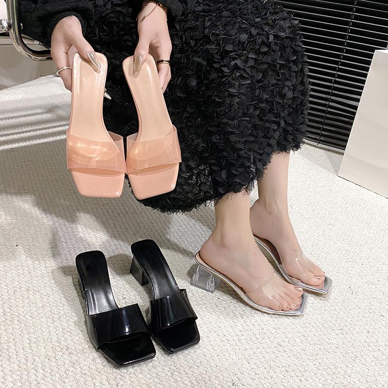 Transparent crystal slippers for women's outer wear 2025 summer new thick high-heeled square-toed open-toed slippers for women's summer outer wear