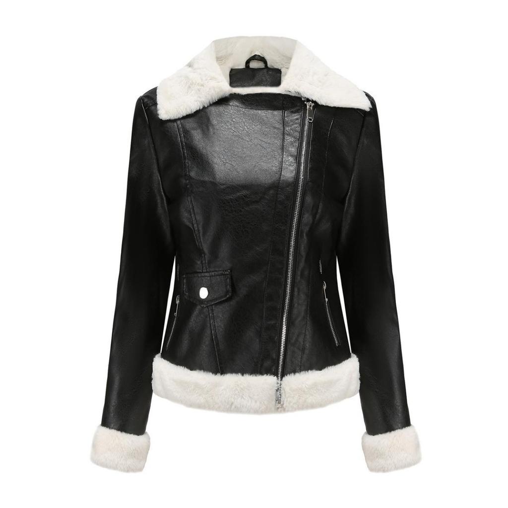 Ladies Jacket Fall and Winter Padded Leather Jacket Female Warm Long-sleeved Lapel Coat Commuter Casual Jacket