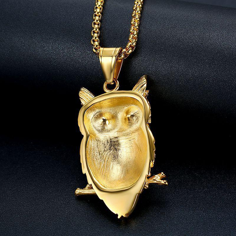Gold-Plated Diamond Owl Pendant Necklace - European American Hip-Hop Style