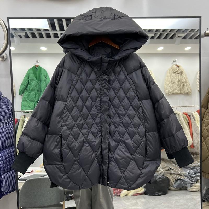 Womens Mid-Length Hooded Puffer Coat With Quilted Design Warm White Duck Down Fill Oversized Fit
