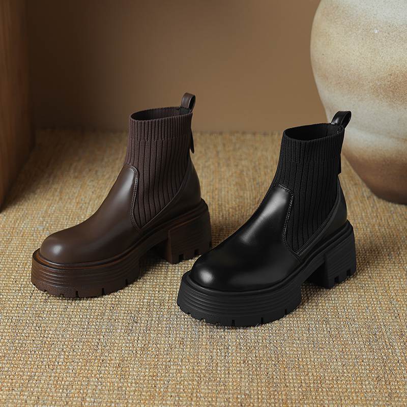 Krazing Pot Microfiber Autumn Winter Shoes Thick High Heels Thick Bottom Size 43 Motorcycle Boots Stretch Knitwear Ankle Boots