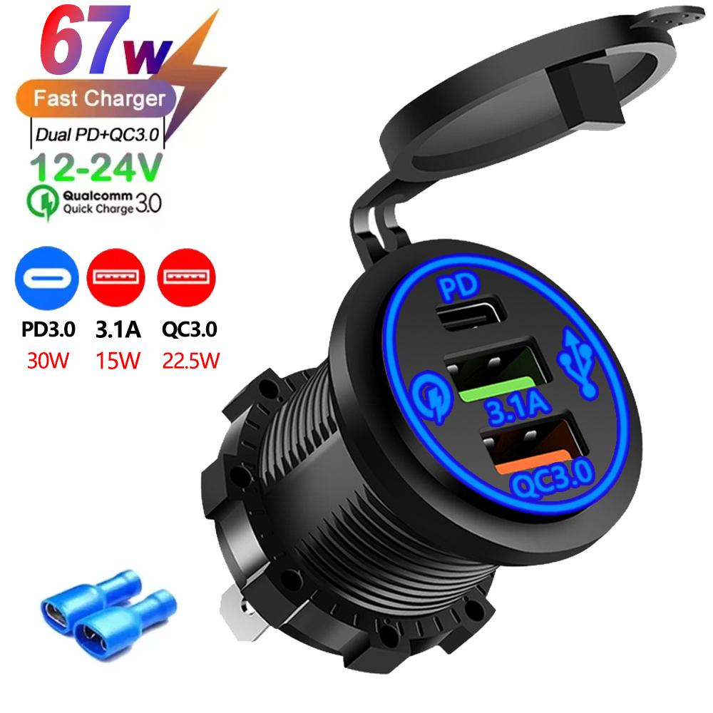 2/3/4 Port PD QC 3.0 USB Car Charger with Voltmeter Socket Power Outlet Adapter Waterproof for 12V/24V Car ATV Boat Hot Sale