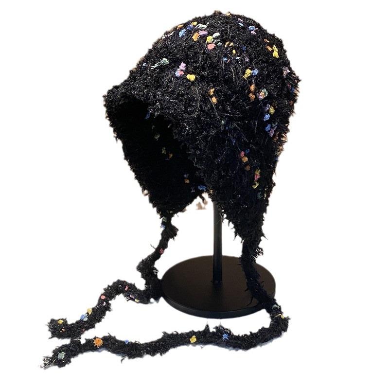 Autumn and winter colored small jelly beans hand-woven tied knitted hat women's travel atmosphere cute plush hat