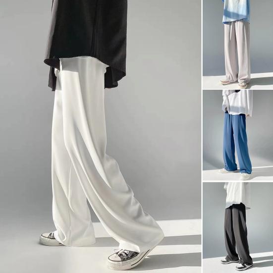 Summer Men Pants Solid Color Elastic Waist Anti-wrinkle Draping Wide Leg Trousers Streetwear