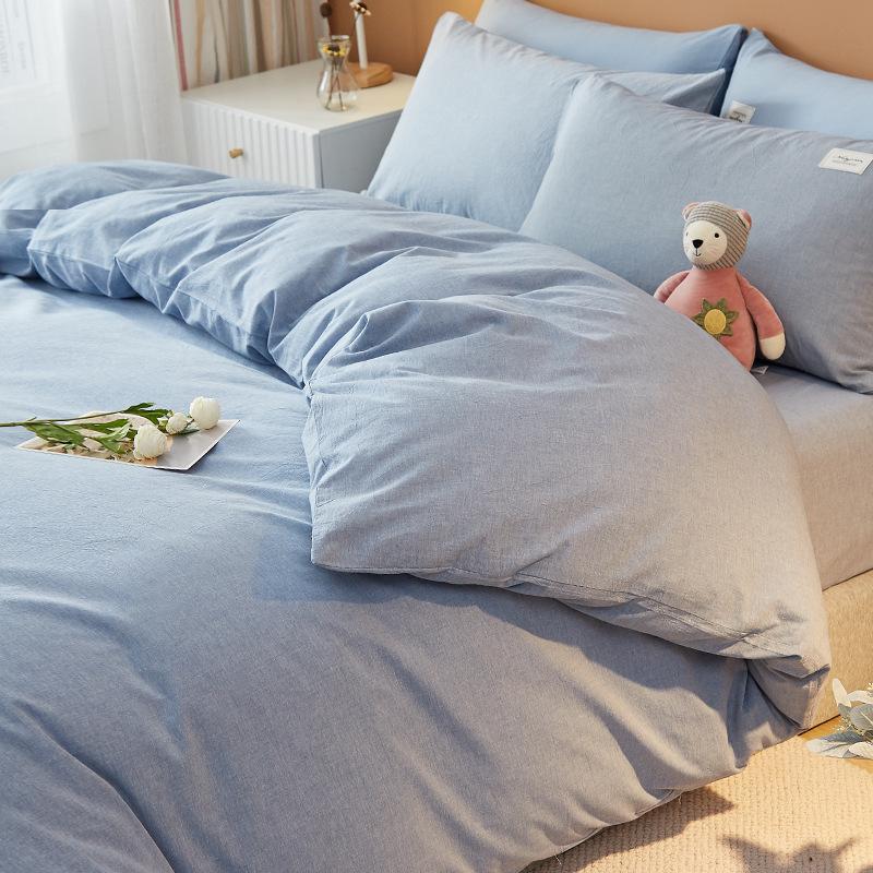 Unbedrucktes, vierteiliges, dreiteiliges, gewaschenes Bettbezug-Bettwäscheset im japanischen Stil mit kariertem Bettbezug