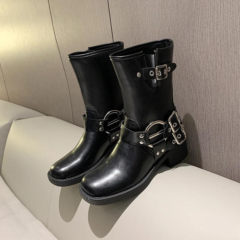 Women's Boots High Platform, Studded spring/Summer Knight Combat Gothic Elegant Mid-heel Women's Motorcycle Shoes Goth