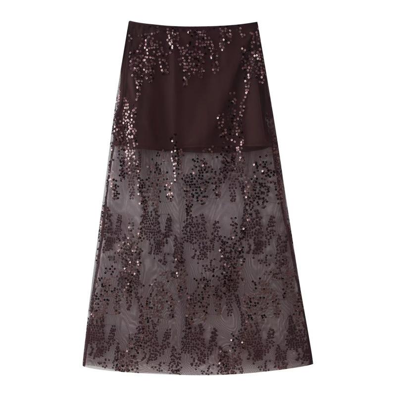 European & American Style 2026 High-Waisted Midi Skirt with Embroidered Sequins and Glitter Medium коричневый