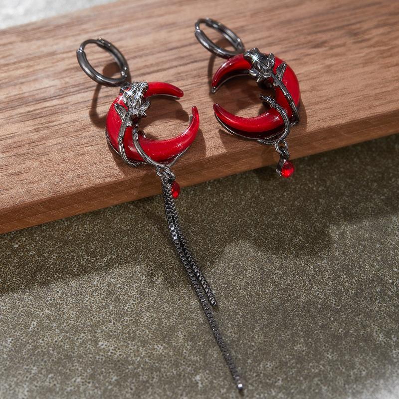 Asymmetry Red Moon Rose Earrings for Women European American Style Personality Crystal Drop Pendant Earrings Zircon