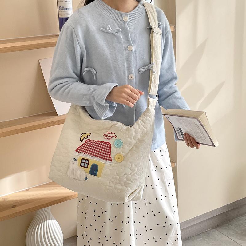 Cute Cartoon Embroidery Nylon Women's Shoulder Bags Large Capacity Ladies Crossbody Bag Fall Winter Macaron Female Tote Bag