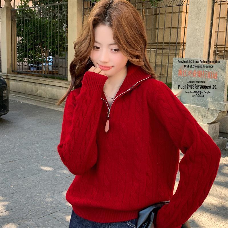 Celebrity Style Cable Knit Half-Zip Sweater: Autumn/Winter Long Sleeve Lapel Top