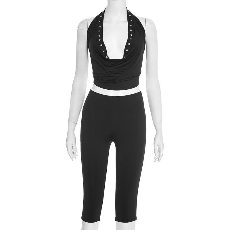 

European Style Women s Solid Color Sexy Halter Top with Hollow-out Detail & Seven-point Pants Set L