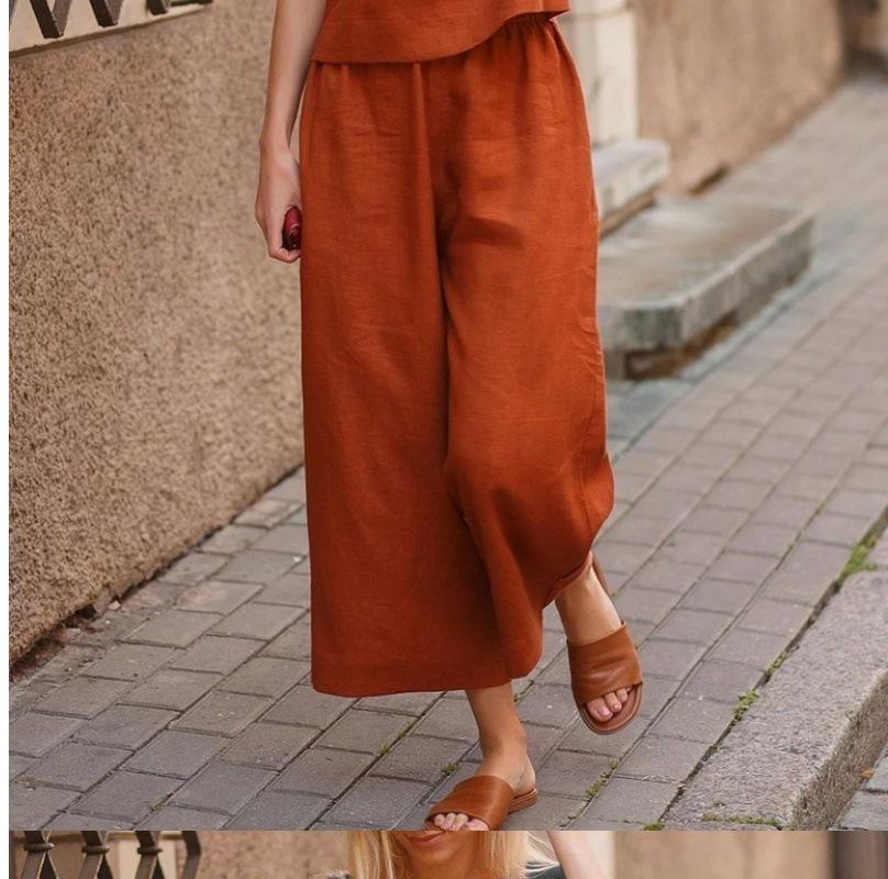 European & American Cotton Linen Casual Short Sleeve T-shirt and Pants Set