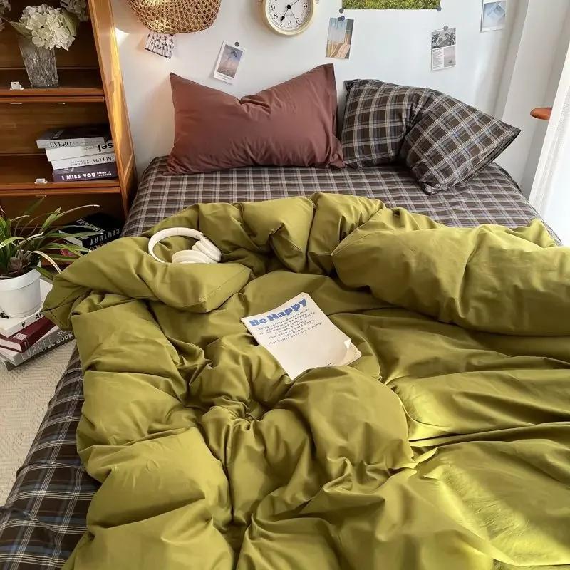 

Bedding Set Ins Ambiance Blue Coffee Grid Mixed with Washed Cotton Minimalist Four Piece Set Fitted Sheets Duvet Cover Flat Bed Sheet&150x200 4pcs